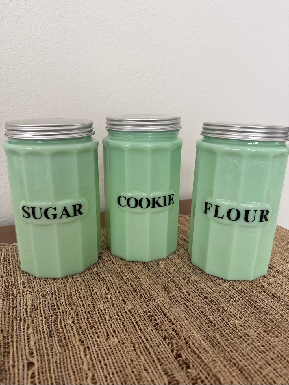 Jadeite Vintage Glass Canister Set – Flour, Sugar & Cookie Jars (Set of 3)